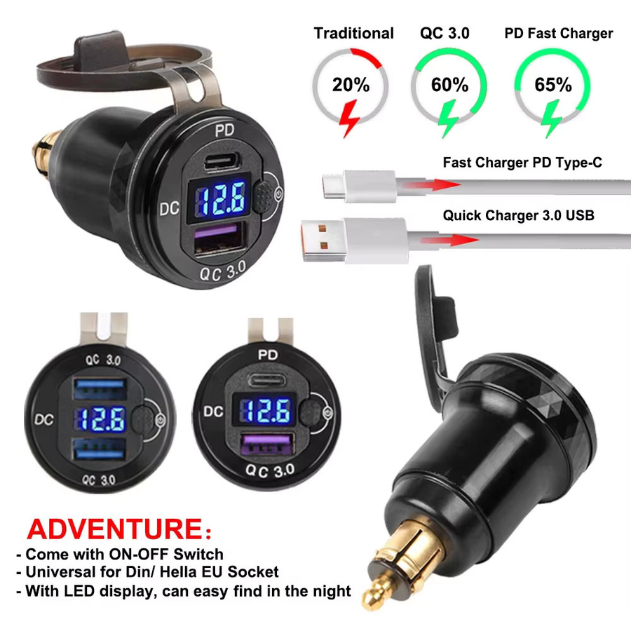 Vansong Dual USB Ladegerät Adapter mit QC 3.0 Typ-C und LED-Anzeige für Ducati und BMW F800GS R1300GS R1200GS in Schwarz - Bild 2