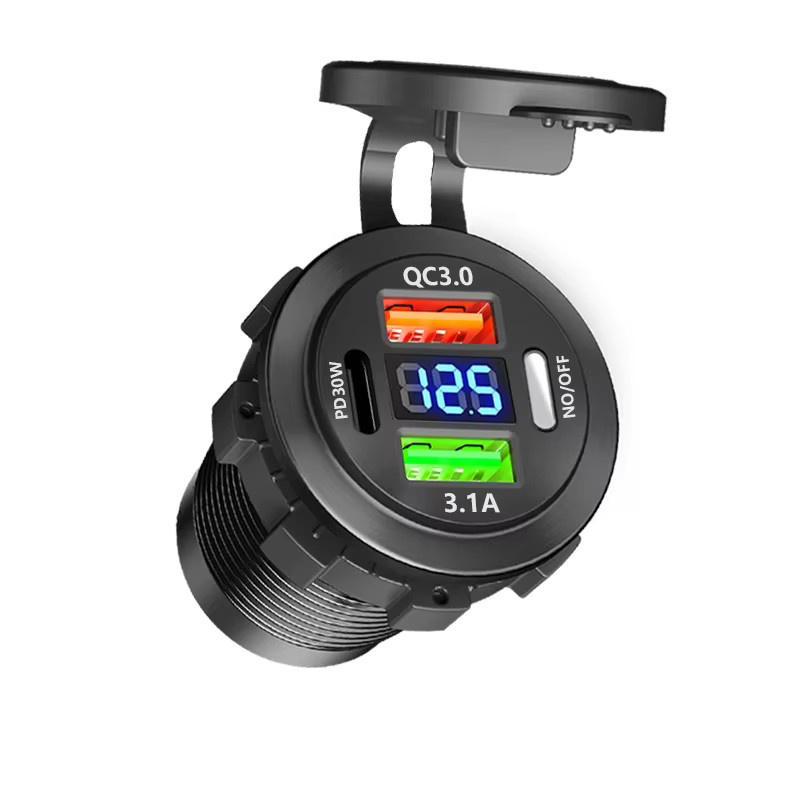 Kebidumei Autoladegerät mit USB-C und Dual USB 3 Ports Schnellladebuchse, wasserdicht mit Voltmeter, Schwarz, 12 V/24 V Adapter für Boot und Motorrad - Bild 2