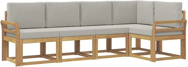 vidaXL Outdoor-Sofagarnitur in L-Form aus Akazienholz mit Kissen, 5-teilig, Weiß-Hellgrau - Bild 1