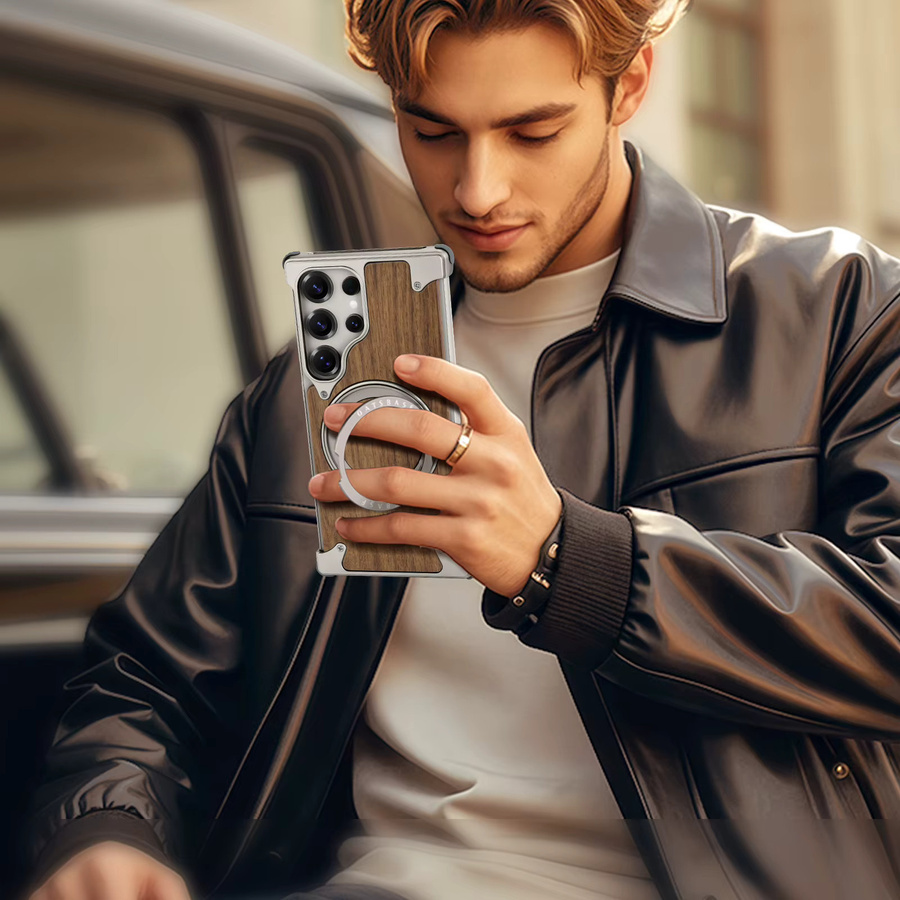 Eary Massivholz-Handyhülle für Samsung Galaxy S25 Ultra und S24 Ultra mit MagSafe, 360 Grad drehbarem magnetischem Ständer, stoßfest, Schwarz und Braun - Bild 5
