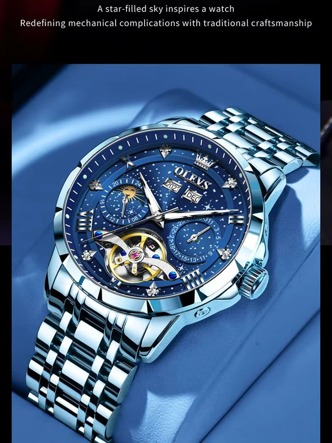OLEVS Armbanduhr Automatik, Edelstahl, Blau, Leder, Herren - Bild 6