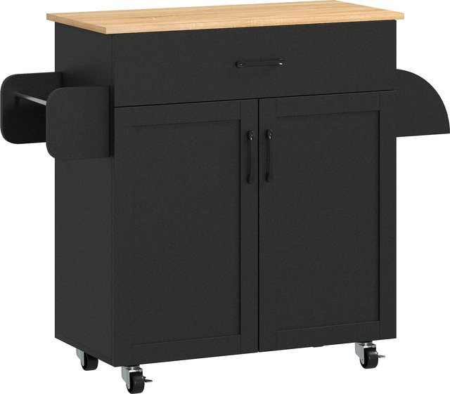 Aosom Küchenwagen HOMCOM aus schwarzem Holz mit Multi-Stauraum, 1 Schublade, 1 Schrank mit 2 Türen, höhenverstellbarem Regal, Handtuchhalter und Gewürzhalter - Bild 1