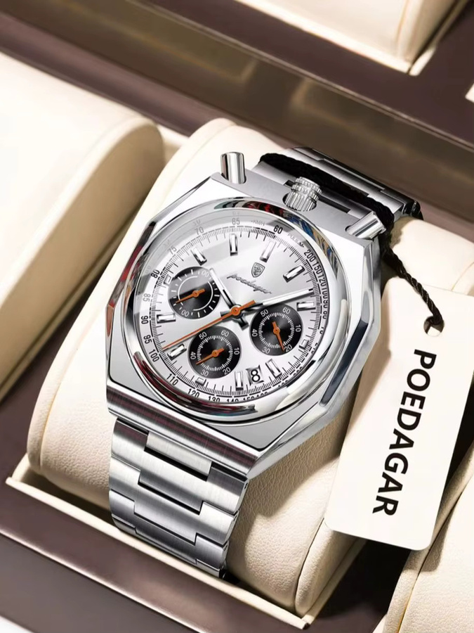 POEDAGAR Chronograph, Quarz, Edelstahl, Silber, Herren - Bild 7