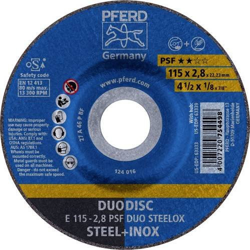 PFERD PSF DUO STEELOX Schruppscheibe gekröpft für Edelstahl und Stahl, Durchmesser: 115 mm, Bohrungs-Ø: 22,23 mm, Farbe: Blau - Bild 1
