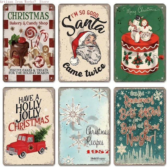 6er Set Vintage Metallschilder Weihnachten Wanddeko Potdemiel Mehrfarbig - Bild 1
