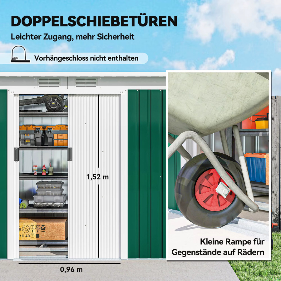 Outsunny Gerätehaus Gartenhaus aus Stahl mit Schiebetür und Lüftungsfenster, Dunkelgrün, B/T/H: 280 x 130 x 172 cm - Bild 6