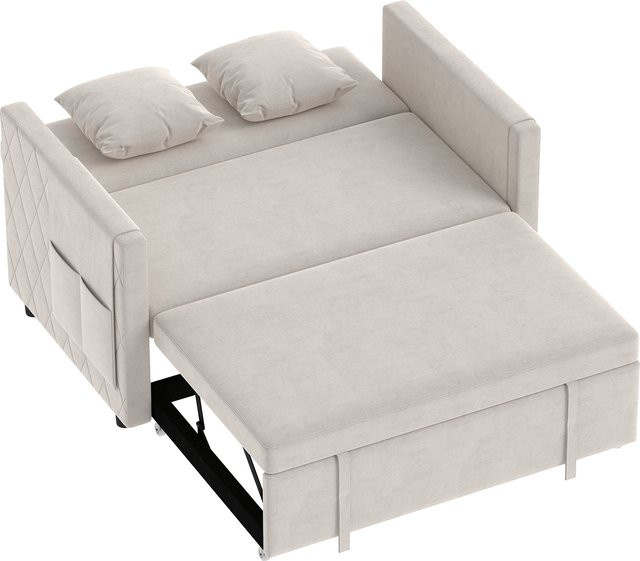 HOMCOM 3-in-1 Clic-Clac Schlafsofa 2-Sitzer aus Samt in Beige mit verstellbarer Rückenlehne, 2 Kissen und Seitentaschen, Breite: 131 cm - Bild 1