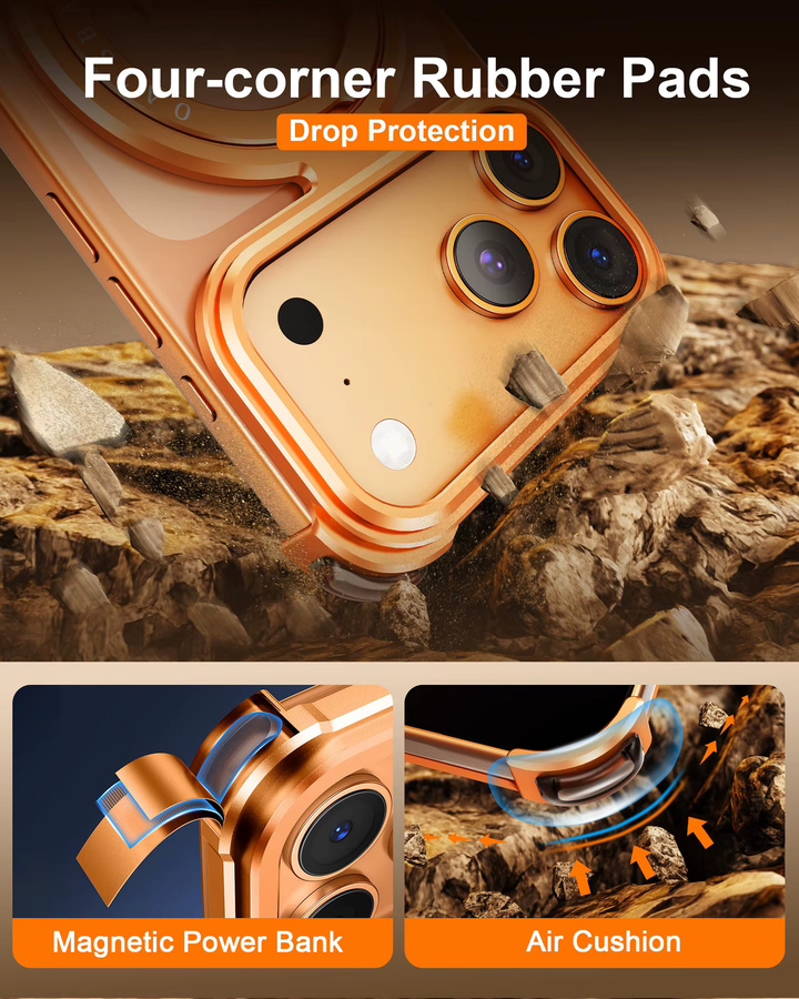 Eary Rahmenlose Handyhülle für iPhone 17 Pro Max und iPhone 17 Pro mit 360 Grad drehbarem magnetischem Ständer aus Aluminium Metall in Schwarz und Orange - Bild 2