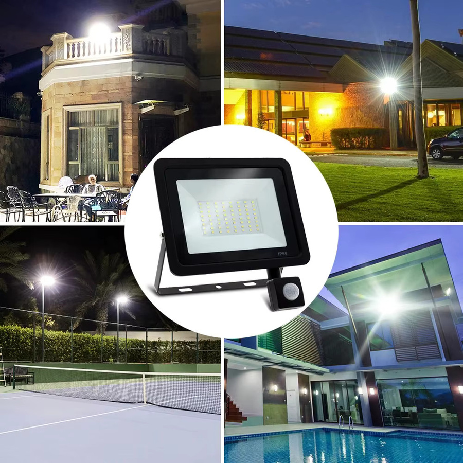 Adiodo LED-Flutlicht mit PIR-Bewegungsmelder, wasserdichte Außenwandleuchte IP66, modern und rechteckig, Schwarz - Bild 6