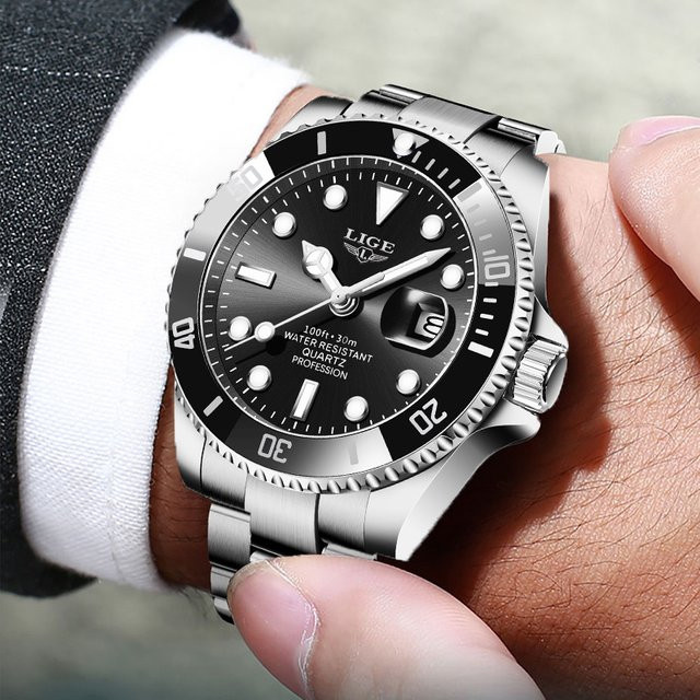 LIGE Armbanduhr Quarz, Edelstahl, Schwarz, Silber, Herren - Bild 1