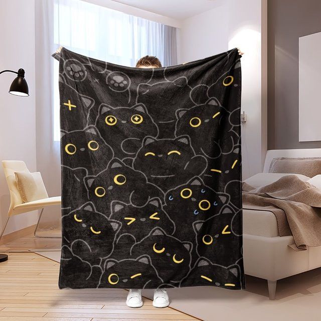 1pcJIT Flanell-Decke mit schwarzem Katzenmuster in Schwarz, maschinenwaschbar - Bild 1