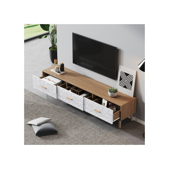 MUVOE TV-Möbel aus Holz in heller Holzfarbe mit weißen texturierten Türpaneelen im Vintage-Stil, B/T/H: 150 x 35 x 39 cm - Bild 2
