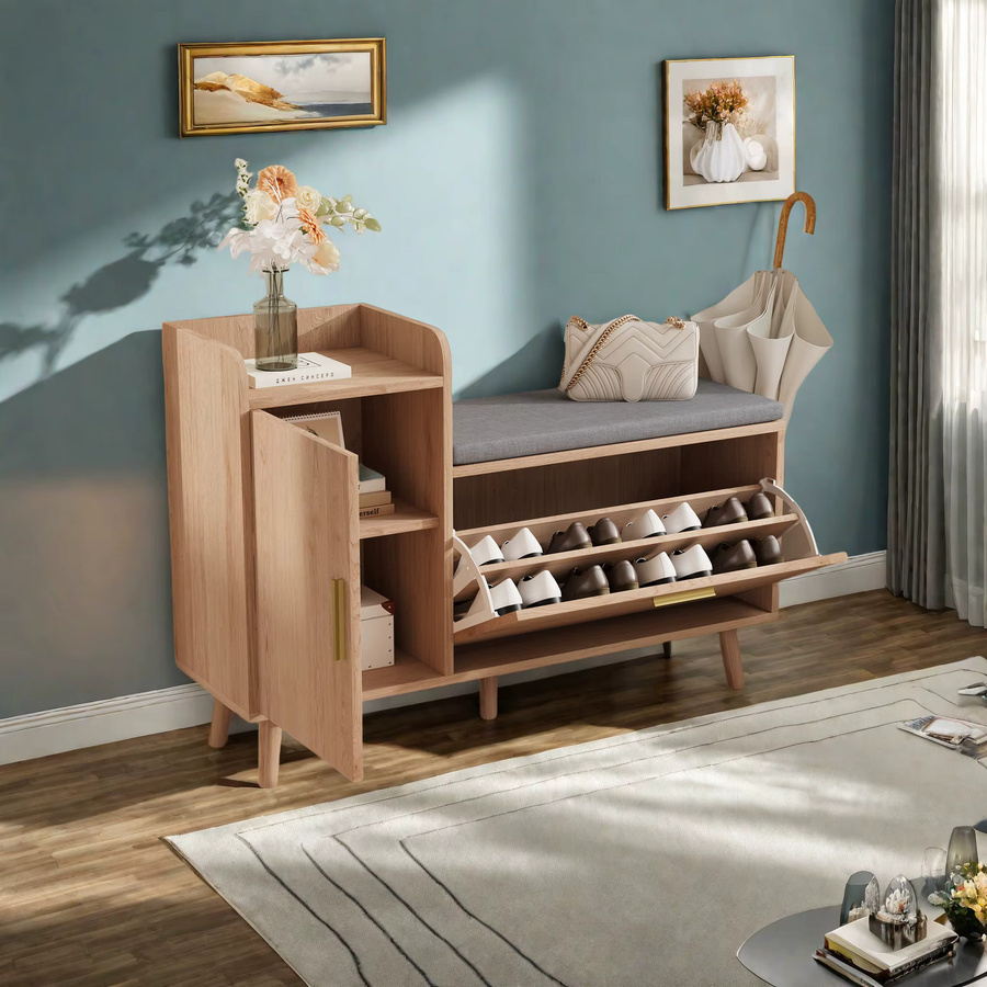 Superaly Schuhschrank mit aufklappbarer Tür und gepolsterter Sitzbank auf der rechten Seite in Braun und Beige - Bild 3