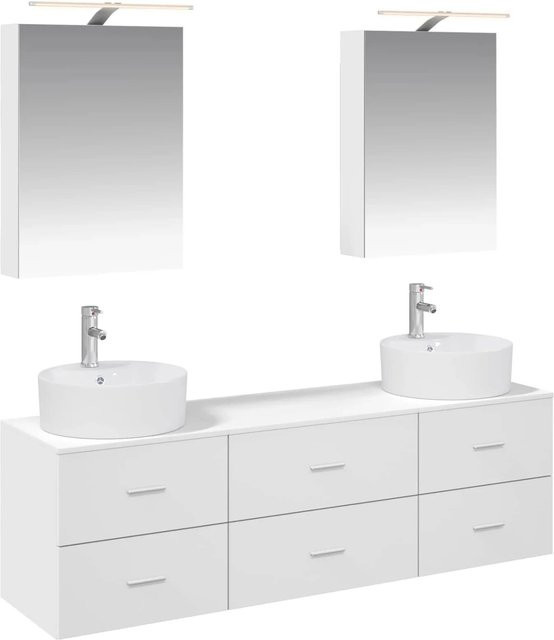 vidaXL Badezimmermöbel-Set 5-teilig in Weiß, modern mit Waschtischunterschrank, Spiegelschrank mit LED-Beleuchtung und Wandschrank aus Ingenieurholz und Glas - Bild 1