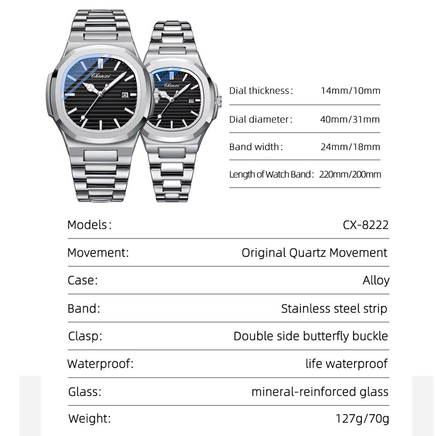CHENXI Armbanduhr, Quarz, Edelstahl, Eckig, Schwarz, Herren - Bild 2