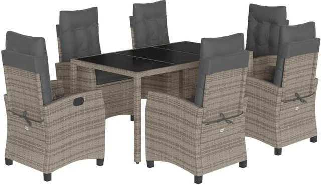 vidaXL 7-teilige Garten-Essgruppe aus Poly Rattan in Grau mit Kissen und Hartglas-Tischplatte - Bild 1