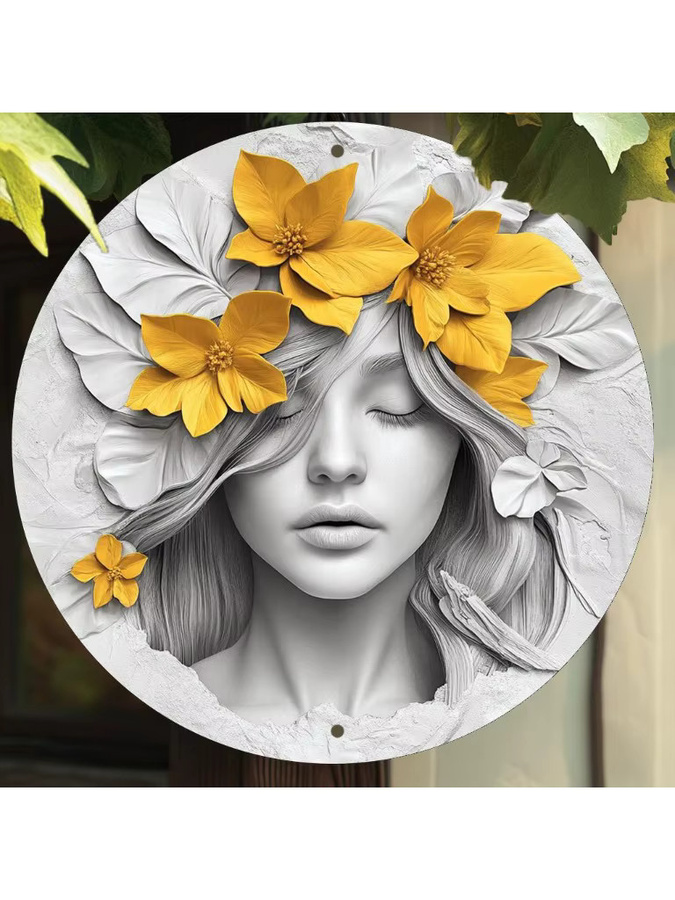 Potdemiel Vintage-Blumenmädchen Wandkunst aus Metall, rundes Metalldekor mit gelben Blumen, Durchmesser: 20,3 cm - Bild 5