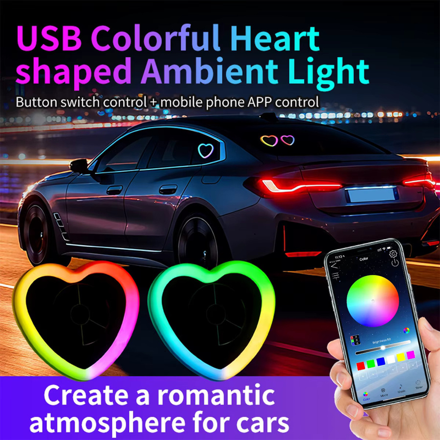 RGB USB-LED-Nachtlampe in Herzform für Schlafzimmer, Wohnzimmer und Auto, mehrfarbiges Umgebungslicht mit Clip-Funktion - Bild 2