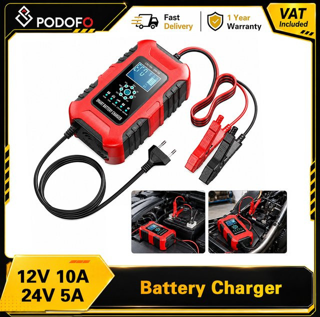 Podofo Intelligentes Auto- und Motorrad-Batterieladegerät in Rot mit 7-Stufen-Ladung, Pulsreparatur und Wartungsfunktion für 6-180Ah AGM Batterien - Bild 1