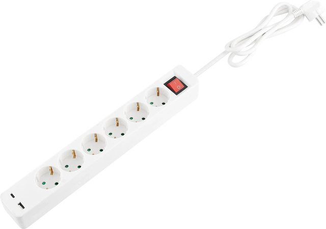 Steckdosenleiste Tido 6-fach mit 2 USB-Anschlüssen und Kontrollschalter in Weiß - Bild 1