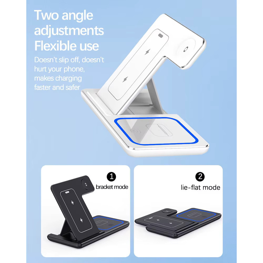 KEPHE 3-in-1 Faltbare Kabellose Ladestation 15W LED Schnelles Ladegerät für iPhone, Apple Watch und AirPods Pro in Weiß - Bild 4