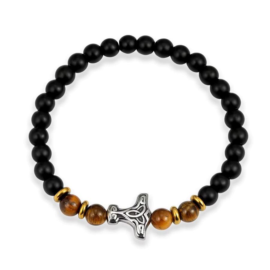 Perlenarmband Edelstahl, Mjölnir Thor Hammer, Naturstein, Schwarz, Unisex - Bild 2