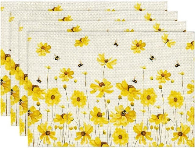 VIKAMA Blumen Tischsets aus Leinen in Mehrfarben, rechteckige Tischmatten für deine Tischdekoration - Bild 1