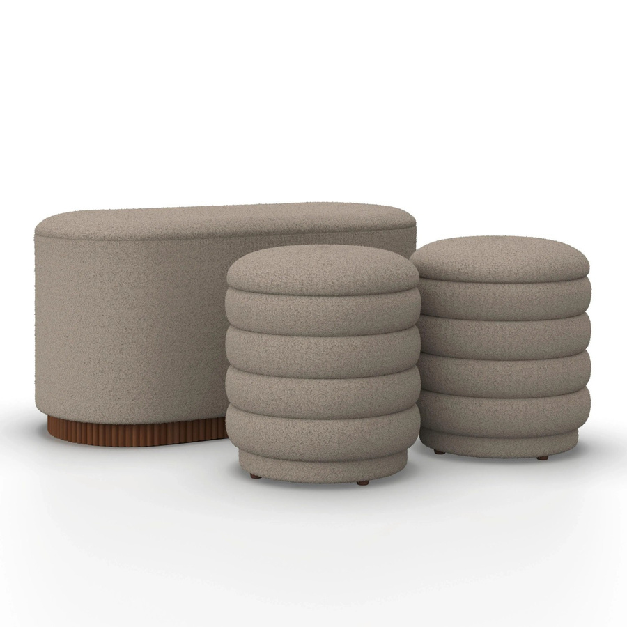 Bessagi Home Sitzbank Nina mit Stauraum und 2 Hockern aus Bouclé in Beige - Bild 2