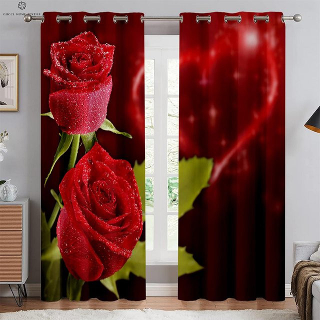 Yiran Furniture Vorhang mit Vintage Rote Rose 3D-Druckmuster, semi-transparent, Polyester, Farbe: Rot, B: 50 cm, H: 130 cm, 2 Stück - Bild 1