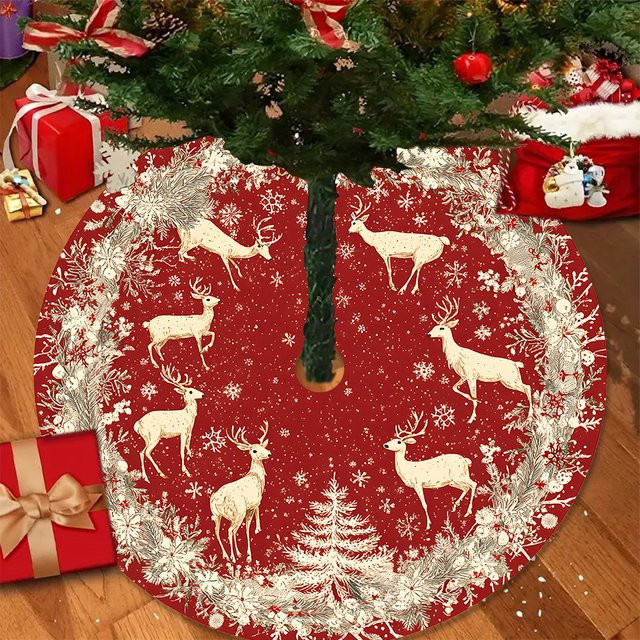 VIKAMA Weihnachtsbaum Rock mit Elch- und Schneeflocken-Motiv in Rot für deine Winter- und Weihnachtsdekoration - Bild 1