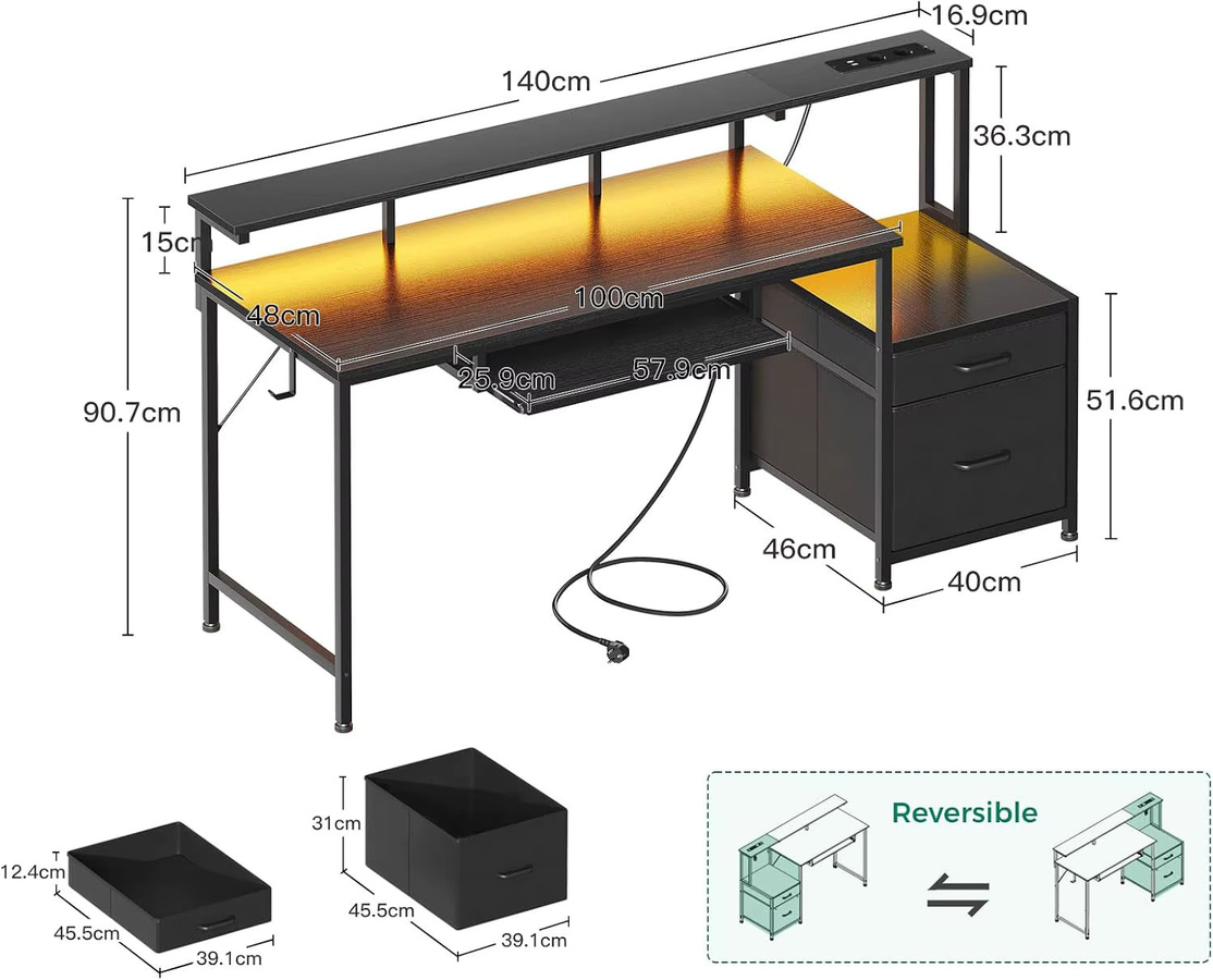 Coleshome Gaming Schreibtisch mit Steckdose und 2 Stoff Schubladen, Computertisch mit Monitorständer, Reversibel, Schwarz, Breite: 140 cm, Tiefe: 48 cm - Bild 2