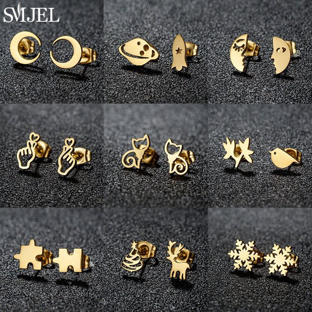SMJEL Ohrstecker Edelstahl, Rakete, Mond, Schneeflocke, Damen - Bild 1