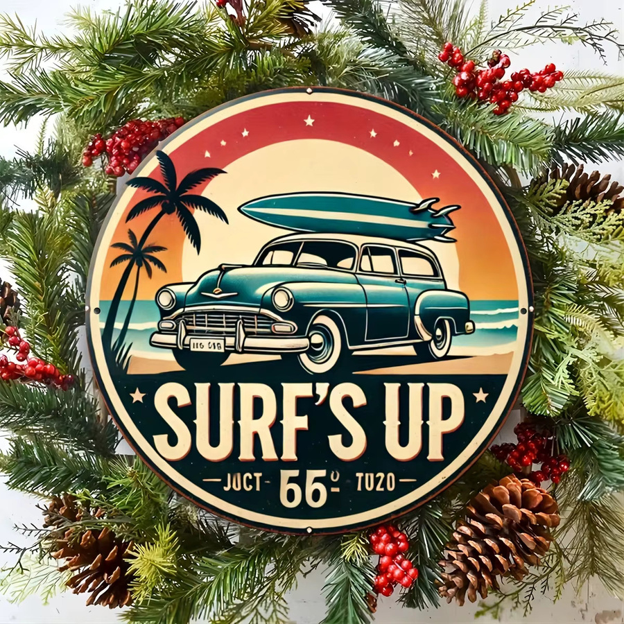 Potdemiel Vintage Surf's Up Rundes Metallschild Retro Stranddekoration aus Aluminium, Durchmesser: 20 cm, Mehrfarbig - Bild 4