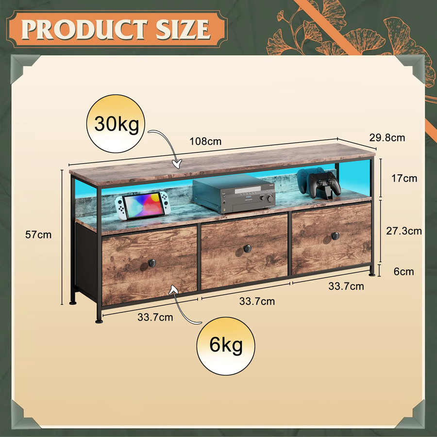 Comanlai Vintage-TV-Schrank in Braun mit 3 Stoffschubladen und LED-Leuchten, B/T/H: 108 x 29,8 x 57 cm - Bild 2