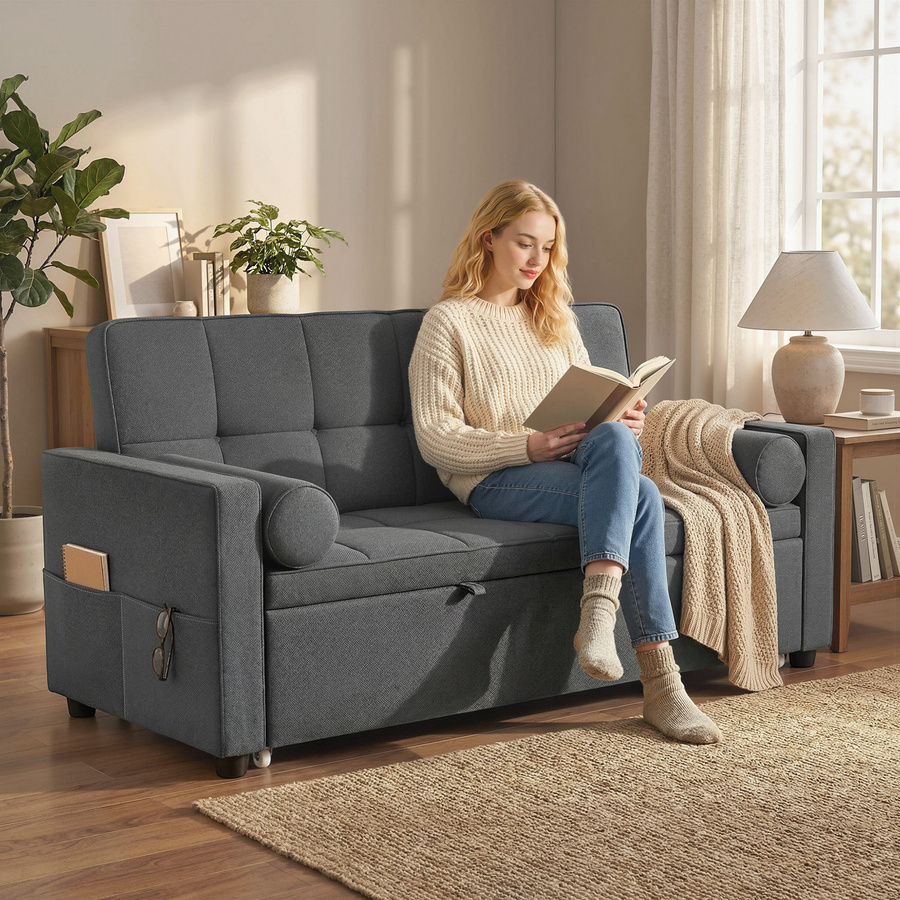 HOMCOM 3-in-1 Schlafsofa 2-Sitzer als ausziehbares Doppelbett mit verstellbarer Rückenlehne und 2 Kissen, Leinenoptik, Dunkelgrau - Bild 2
