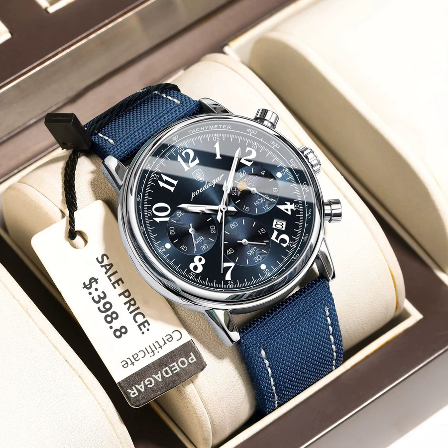 POEDAGAR Chronograph Armbanduhr, Quarz, Leder, Silver Black, Herren - Bild 2