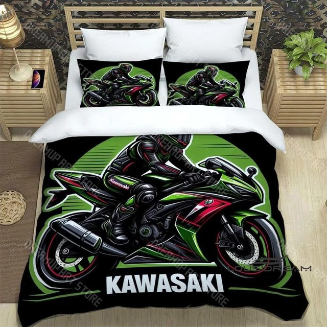 Bettwäscheset mit Kawasaki Motorrad Logo im 3D Retro Druck, Mikrofaser, Mehrfarbig, B/H: 90 x 200 cm - Bild 1