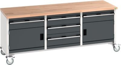 Bott Kastenwerkbank cubio aus Buche-Massiv mit 5 Schubladen und 4 Lenkrollen, anthrazit/lichtgrau, B: 200 cm, T: 75 cm, H: 84 cm - Bild 1