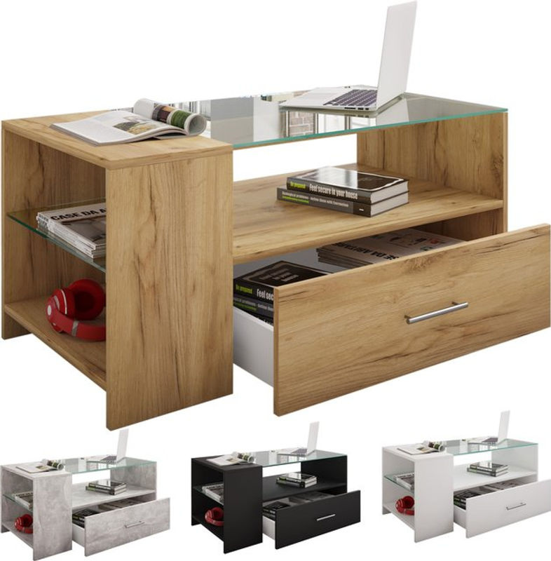 VCM Couchtisch Tindala aus Holzstruktur-Nachbildung und ESG-Sicherheitsglas in Braun, B/T/H: 100 x 50 x 45 cm - Bild 3