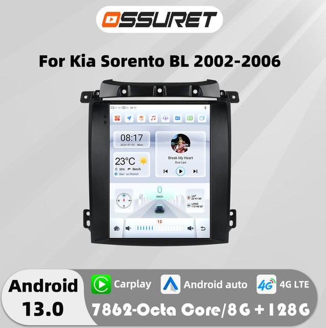 OSSURET 9,7 Zoll Android 14 Autoradio mit Carplay und GPS für Kia Sorento BL 2002-2006, Multimedia-System in Schwarz - Bild 1