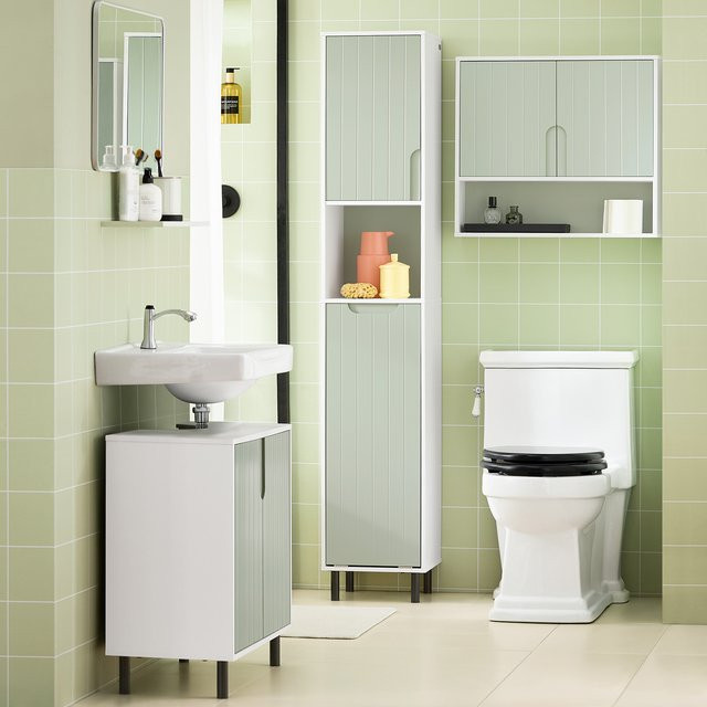 SoBuy Badezimmerschrank BZR137-GR mit Wäschesack in Weiß-Grün, schmaler Hochschrank aus Holz, H: 167 cm, B: 31 cm, T: 30 cm - Bild 1