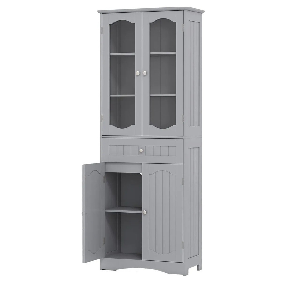 Costway Badezimmerschrank Grau mit 4 Türen und Glaseinsätzen, moderner Hochschrank aus MDF - Bild 2