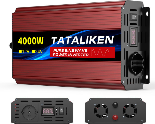 TATALIKEN Reiner Sinus-Wechselrichter 4000W, DC 12V zu AC 220V 50Hz mit EU-Steckdose und digitalem Display in Rot - Bild 1