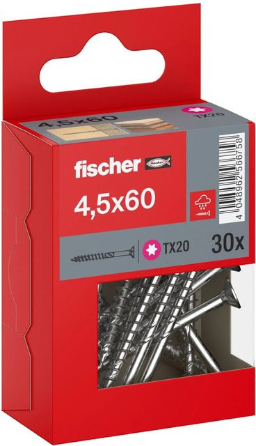 Fischer PowerFast II A2 Senkkopf Teilgewinde Torx Schraube aus Edelstahl in Silber, Durchmesser: 4,5 mm, Länge: 60 mm, 30 Stück - Bild 1