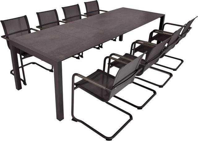 DELUKE Garten-Sitzgruppe HAUKE 9-tlg. Gartenmöbel-Set in Grau mit ausziehbarem Esstisch und Freischwingerstühlen aus Kunststoff und Aluminium - Bild 1