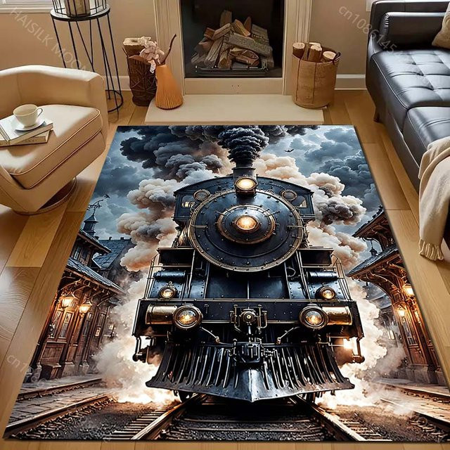 UQIDEHOME Retro Dampflok Teppich in Schwarz und Multicolour, rutschfest und waschbar, B/T: 60 x 40 cm - Bild 1