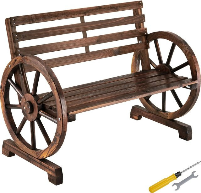 Tectake Gartenbank Howdy 2 Sitzer in Braun mit Wagenraddesign aus lackiertem Tannenholz und Stahl, B/T/H: 106 x 55 x 78 cm - Bild 1