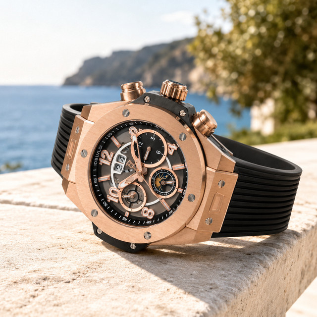 OBLVLO Armbanduhr Automatik, Roségold-Gehäuse, Kautschukarmband, Herren - Bild 1