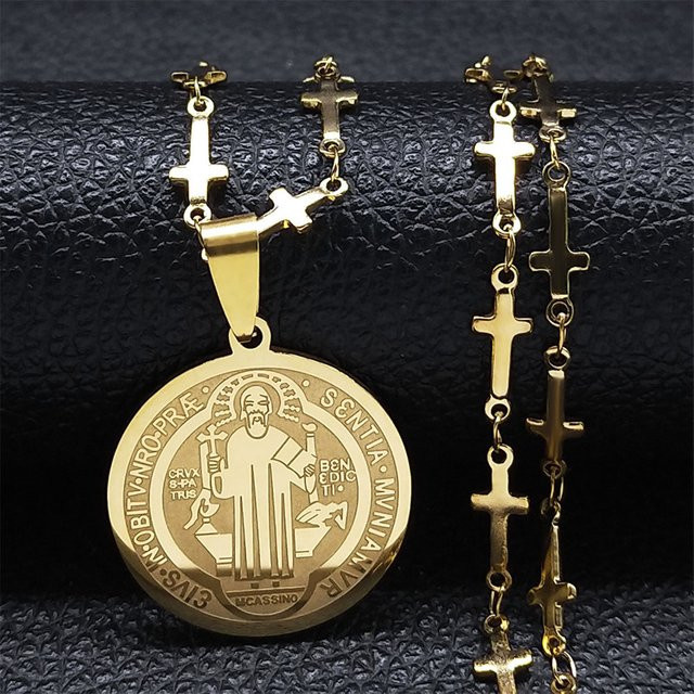 AFAWA Halskette Medaille des Heiligen Benedikt, Edelstahl, goldfarben, Damen - Bild 1
