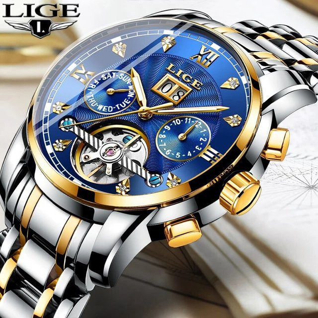Lige Armbanduhr Automatik, Edelstahl, Blau, Herren - Bild 1